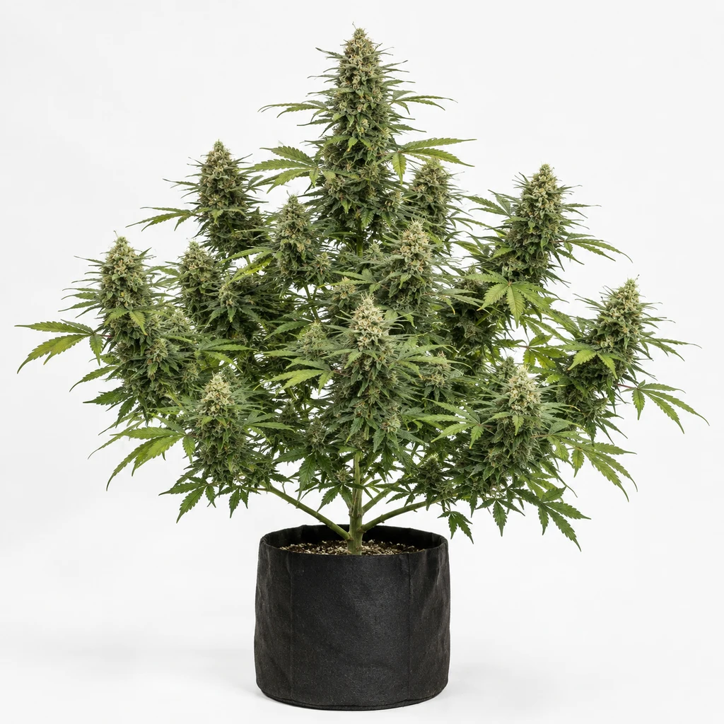 Ilustración de una planta de cannabis con abundantes flores y maceta negra para la ficha de Watermelon Ultra Feminizada de TH Seeds.