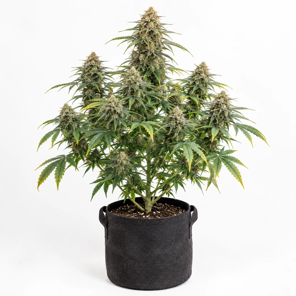 Ilustración de una planta de cannabis en floración, con varios cogollos y maceta negra con asas, para la ficha de Wy Feminizada.