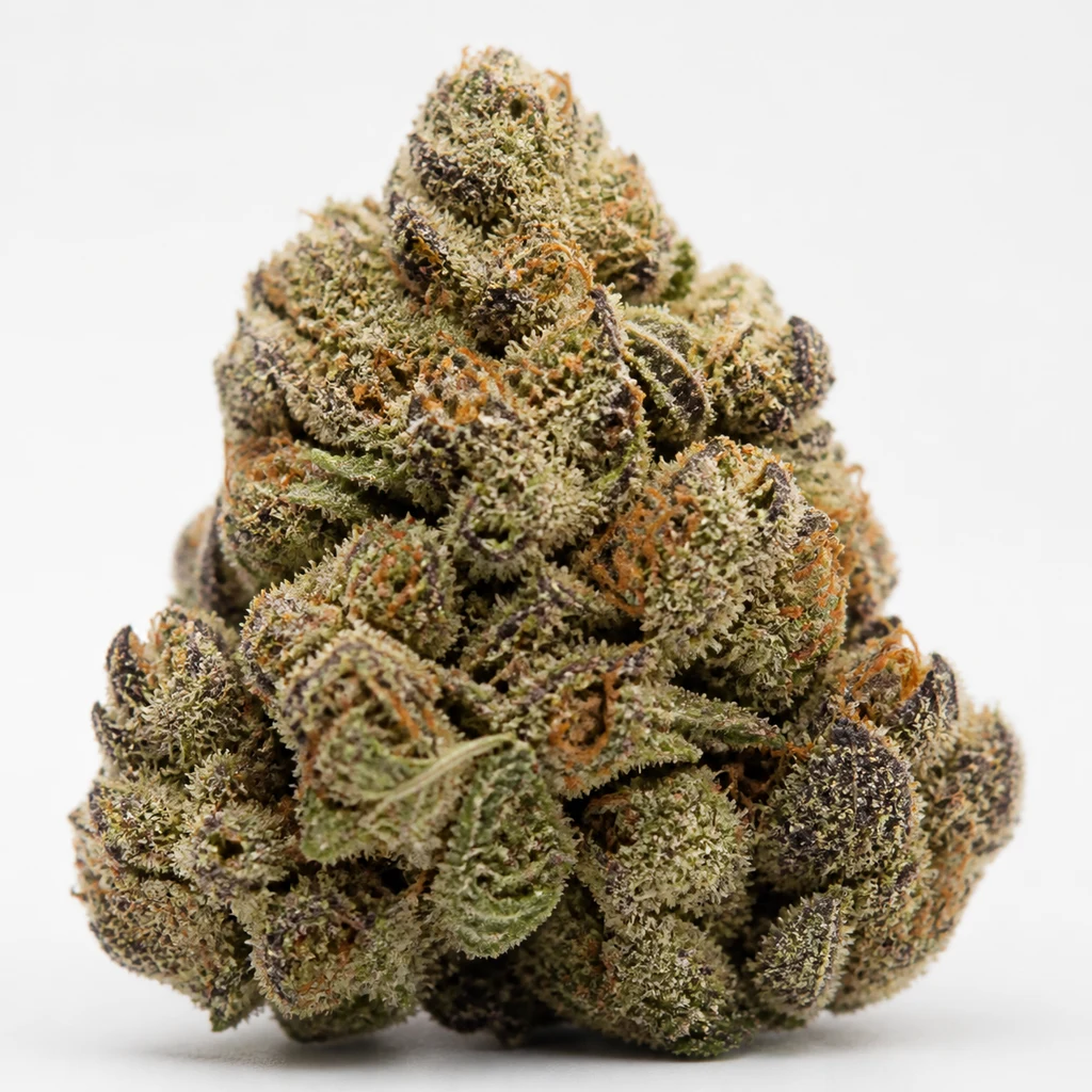Ilustración de un cogollo con tonos verdes y morados y filamentos naranjas para la ficha de Auto Girl Scout Cookies – Nirvana Seeds.