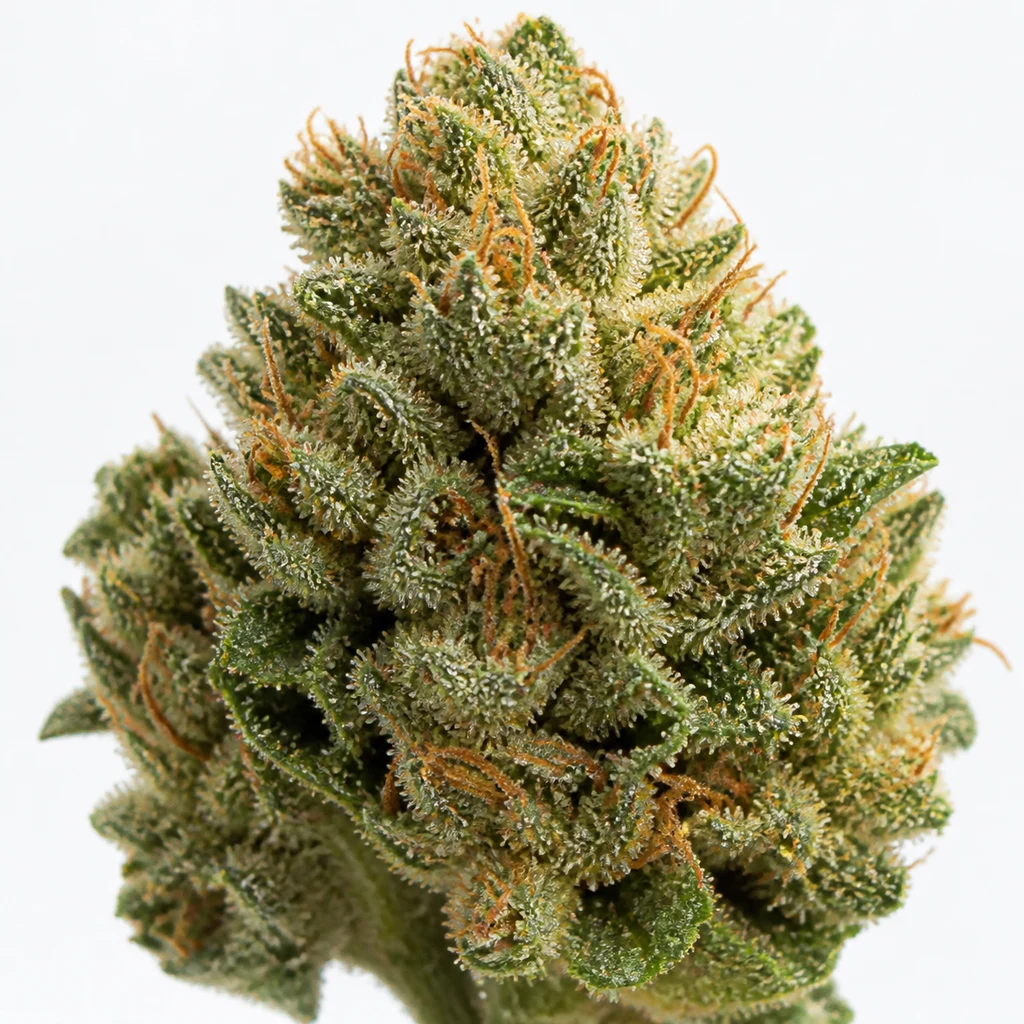 Ilustración de un cogollo verde de forma cónica, con pequeñas hojas y filamentos naranjas, para la ficha de Auto Ice de Nirvana Seeds.