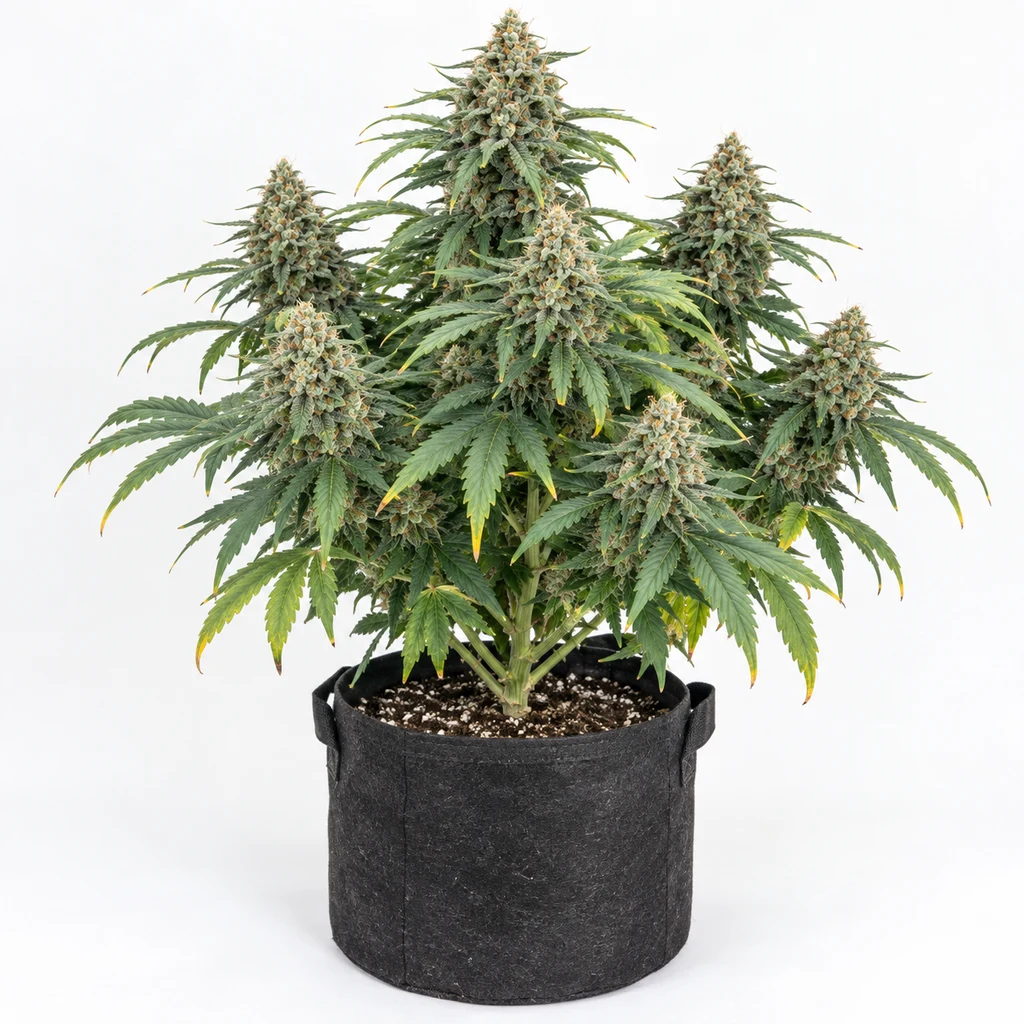 Ilustración de una planta de cannabis en floración para la ficha de Auto OG Kush de Nirvana Seeds, en maceta negra con varias ramas cargadas de cogollos.