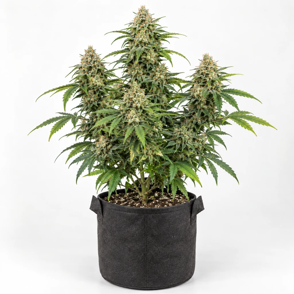 Ilustración de una planta de cannabis en floración en maceta negra, con cola central alta, para la ficha de Auto Super Skunk.