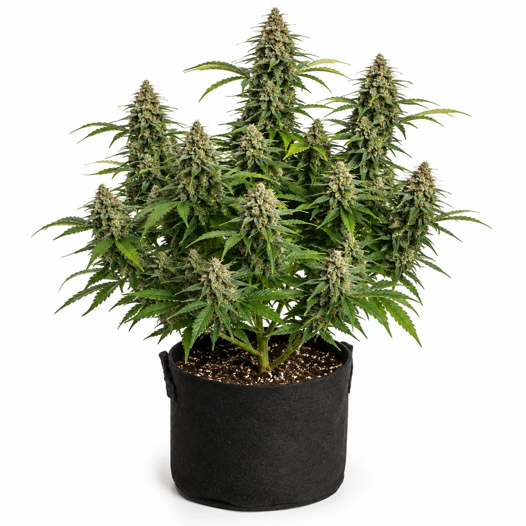 Ilustración de una planta de cannabis en floración para la ficha de Auto Somango XXL, con varias ramas y maceta negra sobre fondo blanco.