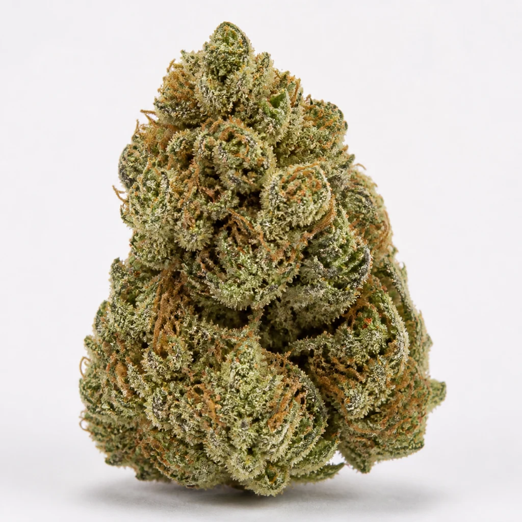 Ilustración de un cogollo de forma cónica, verde y con filamentos anaranjados sobre fondo blanco para la ficha de Big Bud Regular.