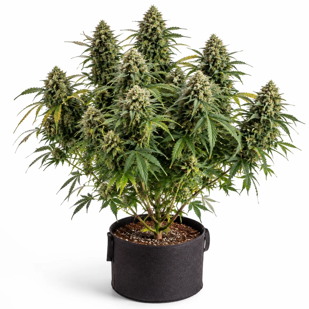 Ilustración de una planta de cannabis en floración para la ficha de Big Bud Regular, con varias ramas y cogollos en maceta negra.