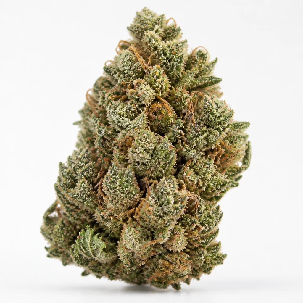 Ilustración de un cogollo verde de contorno irregular, cubierto de tricomas claros y pistilos naranjas, para la ficha de Skunk 1 Regular.
