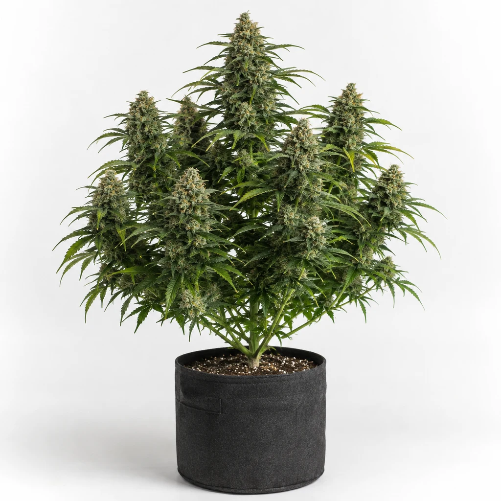 Ilustración de una planta de cannabis con flores abundantes en maceta negra, sobre fondo blanco, para la ficha de Skunk 1 Regular.
