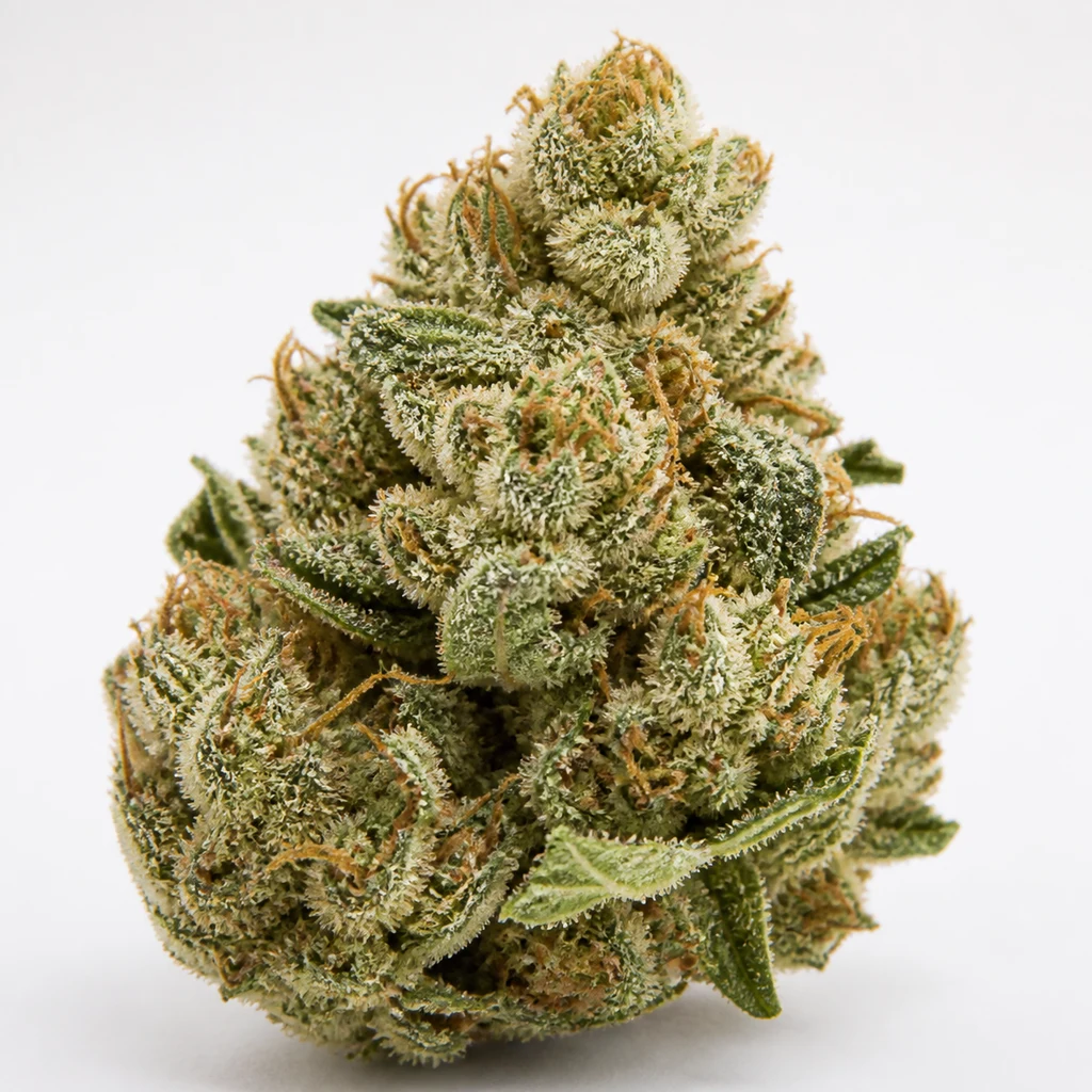 Ilustración de un cogollo verde con pequeños puntos blanquecinos y filamentos naranjas para la ficha de White Widow Feminizada de Nirvana Seeds.