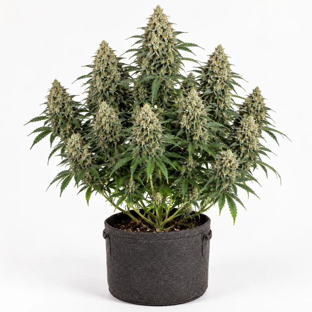 Ilustración de una planta de cannabis con abundantes cogollos claros en maceta gris para la ficha de White Widow Feminizada.