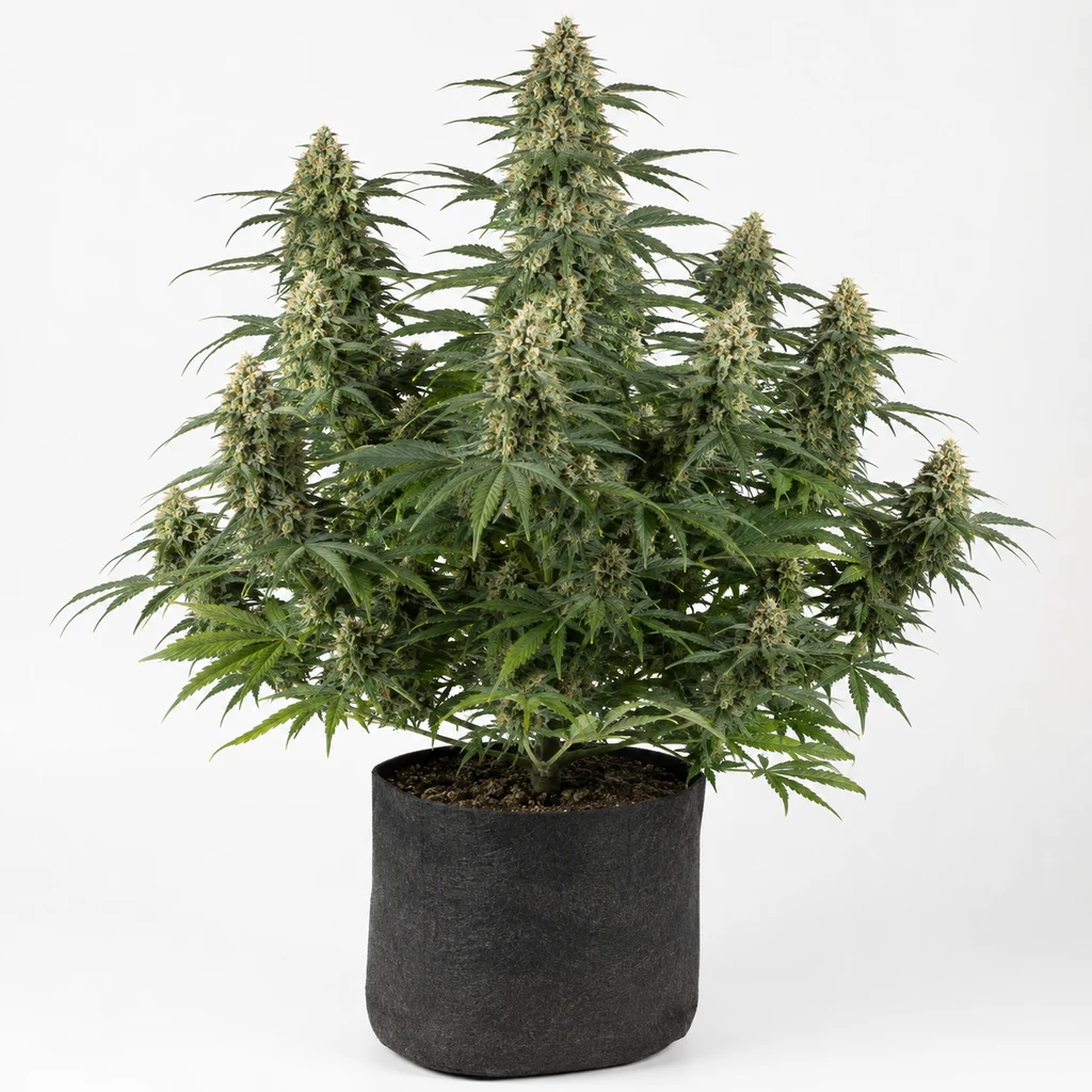 Ilustración de una planta de cannabis con flores alargadas en maceta negra para la ficha de Auto Alienz – Green House Seeds.
