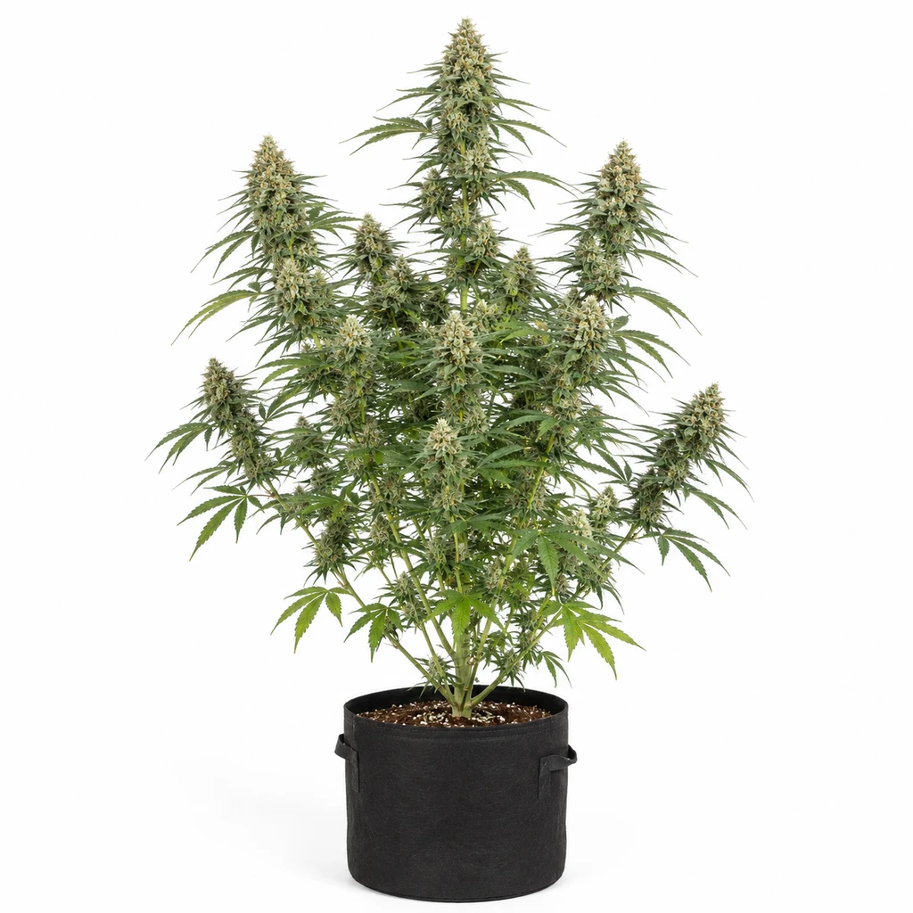Ilustración de una planta de cannabis con ramas floridas en maceta negra con asas para la ficha de Hawaiian Snow Feminizada.
