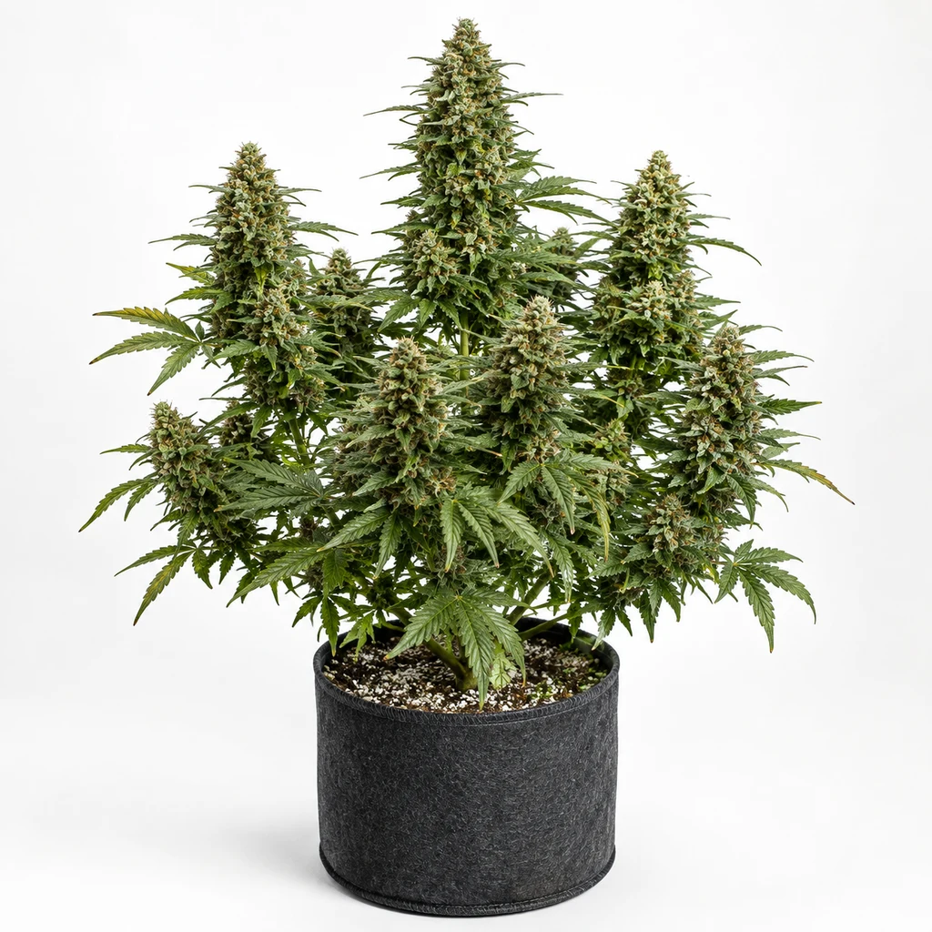 Ilustración de una planta de cannabis en floración para la ficha de Auto Oreoz de 00 Seeds, con cogollos alargados y maceta oscura.