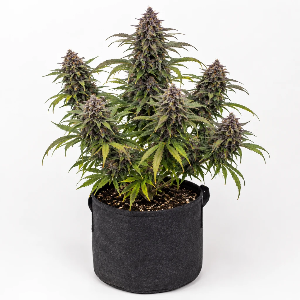 Ilustración de una planta en floración en maceta negra, con cogollos de tonos morados, para la ficha de Auto Purple Punch.