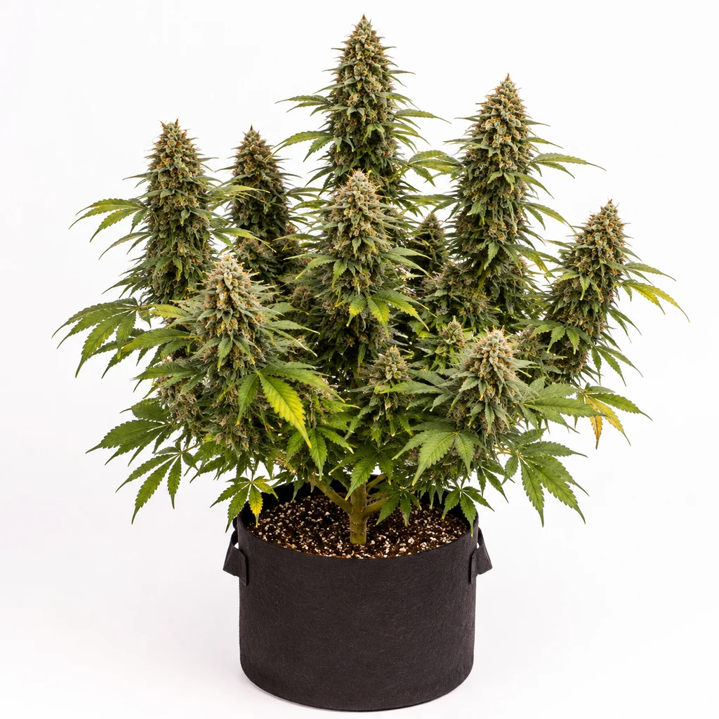 Ilustración de una planta de cannabis en floración, con varias colas y maceta textil negra, para la ficha de Mimosa Fast Feminizada.