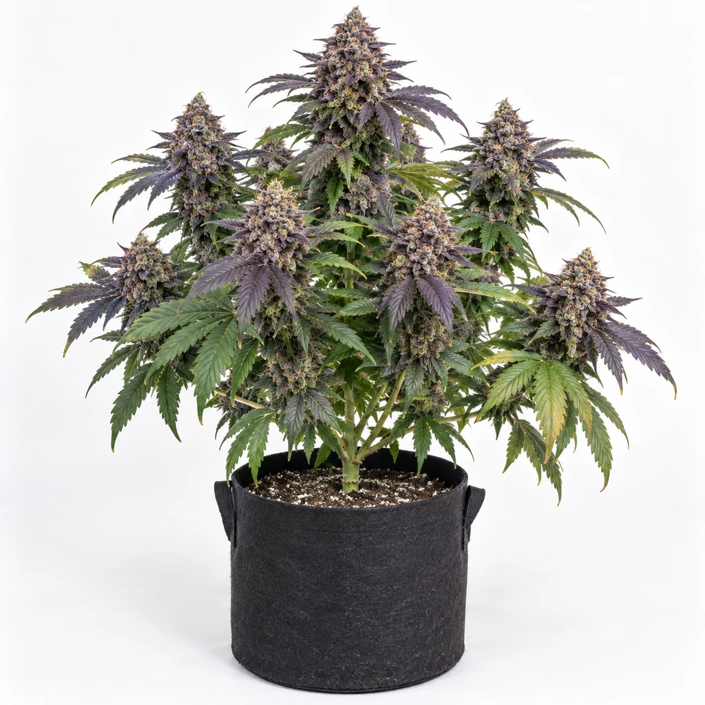 Ilustración de planta en floración para la ficha de Purple Punch Feminizada, con hojas verdes y moradas en maceta negra.