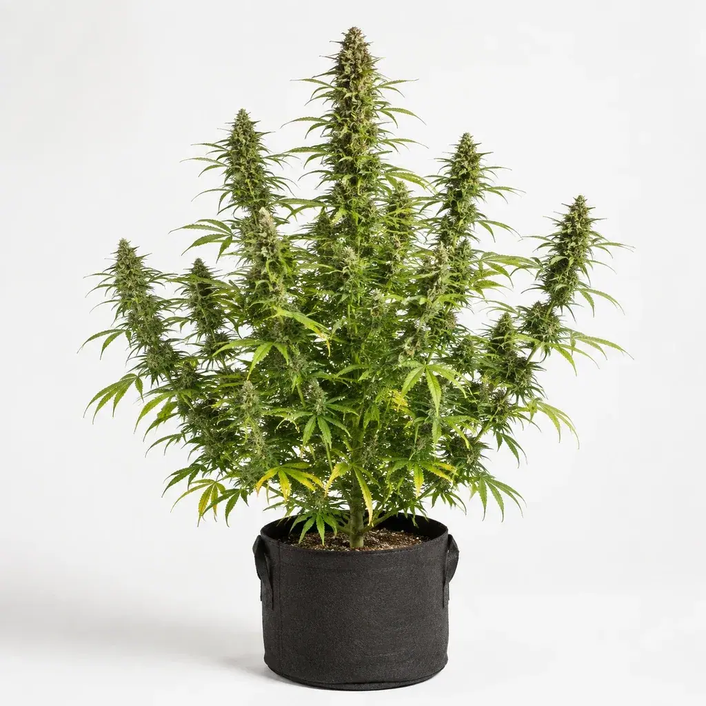 Ilustración de una planta de cannabis en floración en maceta negra, con varias ramas, para la ficha de California Sour Diesel Feminizada.
