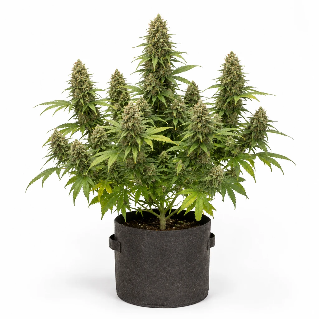 Ilustración de una planta de cannabis en floración, con varias ramas y maceta oscura, para la ficha de Auto Lemon Oasis.