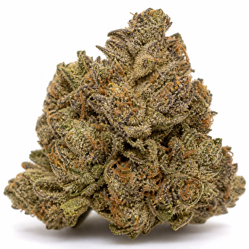 Ilustración de un cogollo con tricomas claros y filamentos naranjas para la ficha de Auto Pink Rozay x Strawberry Banana de Original Sensible Seeds.