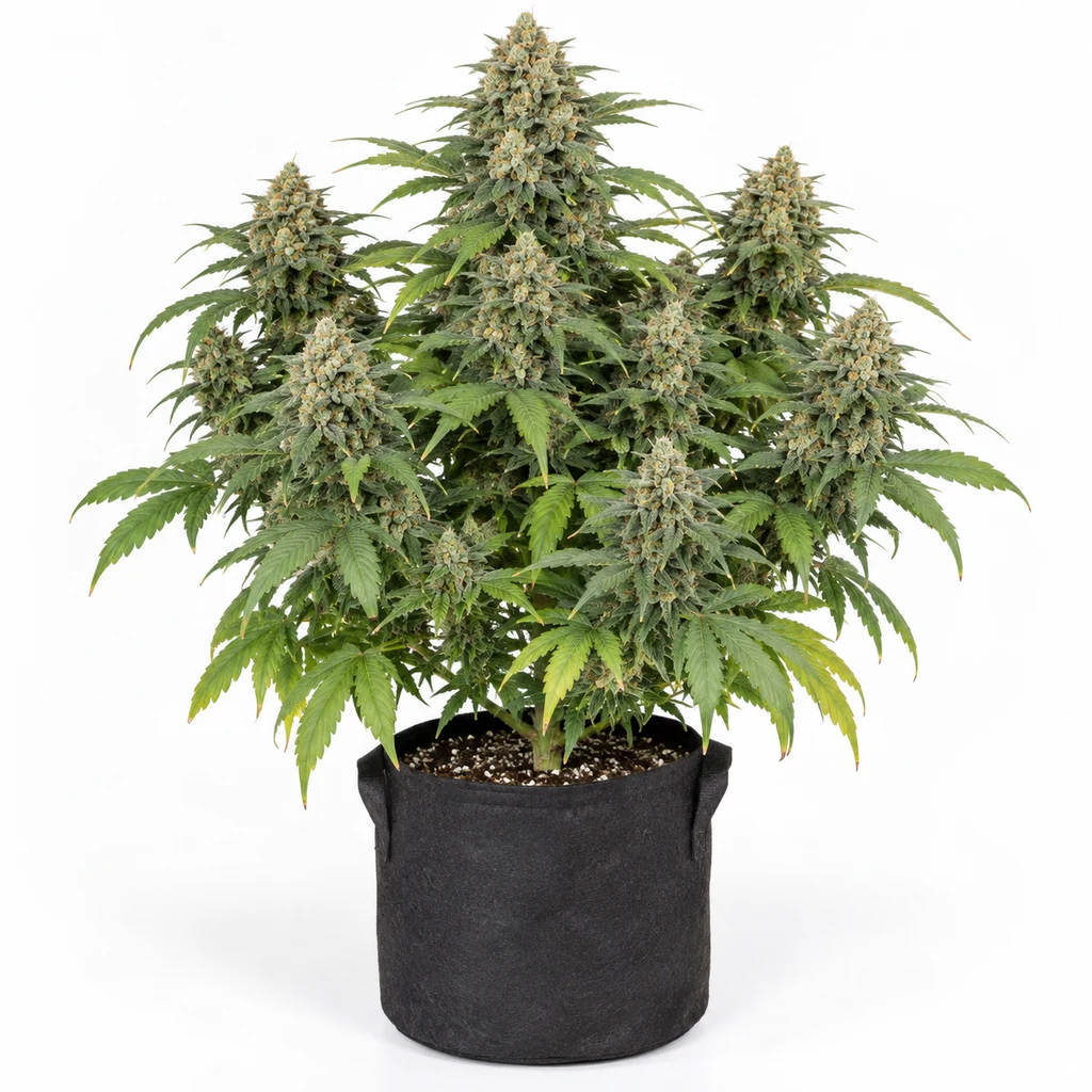 Ilustración de una planta en floración para la ficha de Auto Critical XXL, con varios cogollos y hojas verdes en una maceta negra.