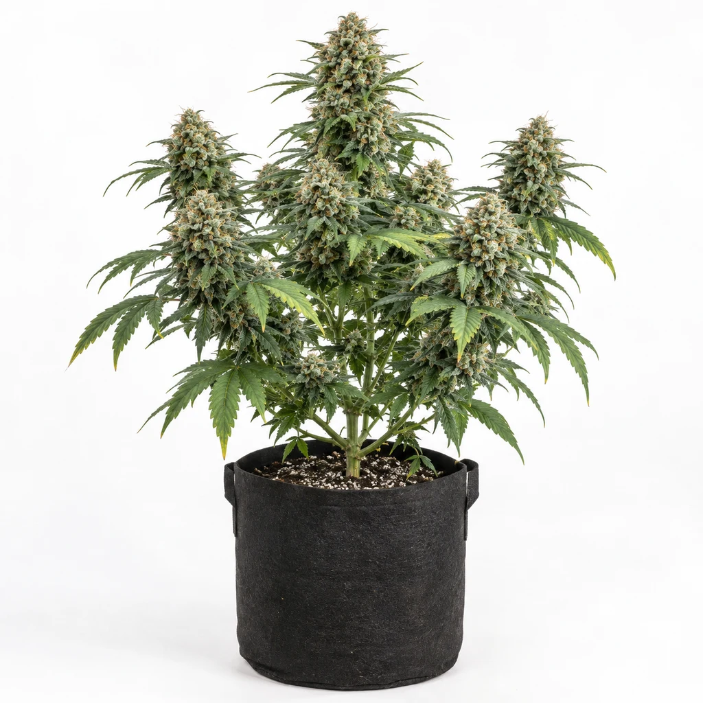 Ilustración de planta con cogollos voluminosos en maceta negra para la ficha de Auto Kush Mass – Garden Of Green, sobre fondo blanco.