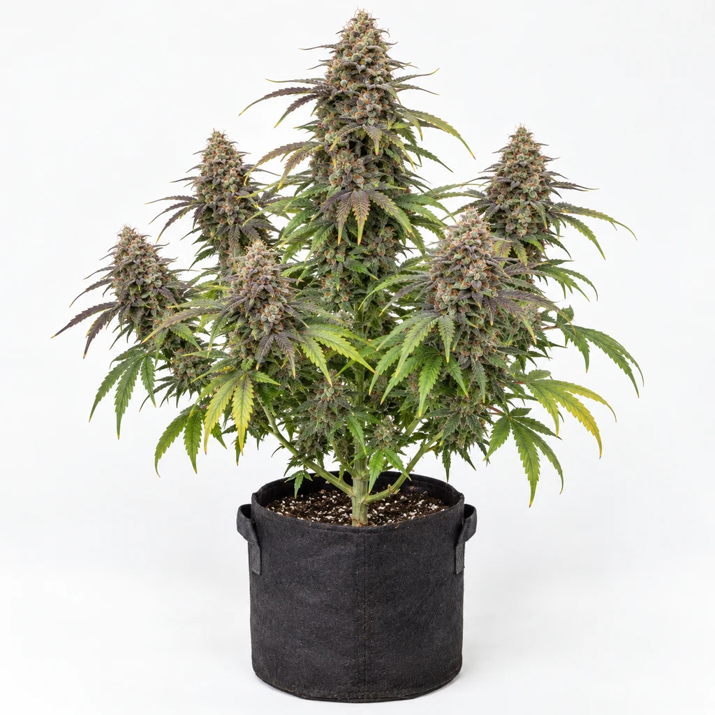Ilustración de una planta en floración en maceta negra, con cogollos y hojas verdes y moradas, para la ficha de Auto Sweetberry Cough.