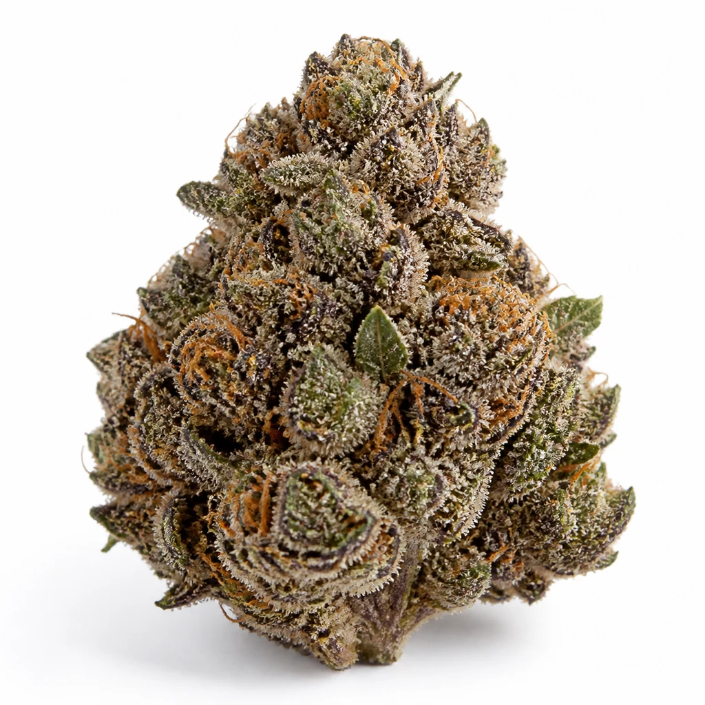 Ilustración de un cogollo con tonos verdes y violetas y filamentos anaranjados para la ficha de Auto Violet Kush – Garden Of Green.