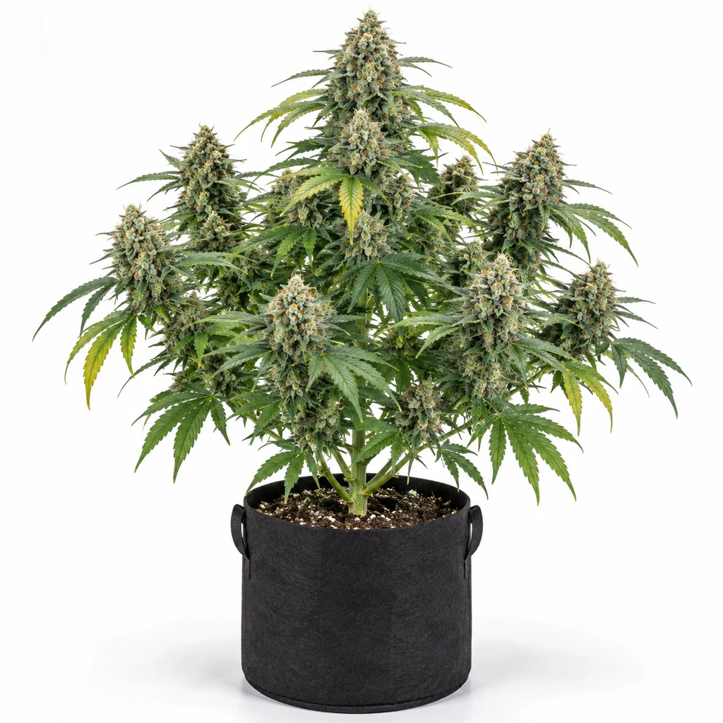 Ilustración de una planta en floración para la ficha de Super Skunk Kush Feminizada, con abundantes cogollos y maceta textil negra.