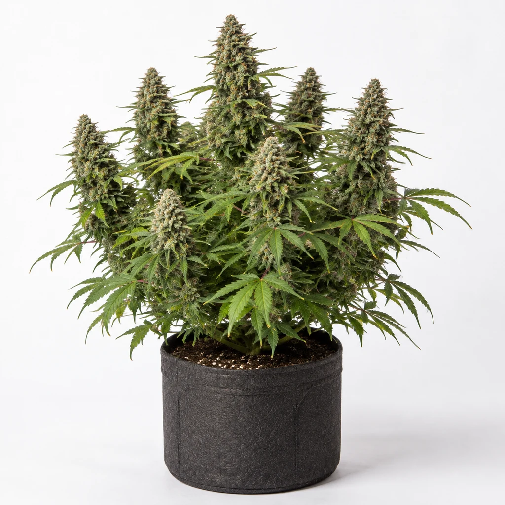 Ilustración de una planta de cannabis con flores abundantes en maceta textil negra para la ficha de Apple Fritter Feminizada.