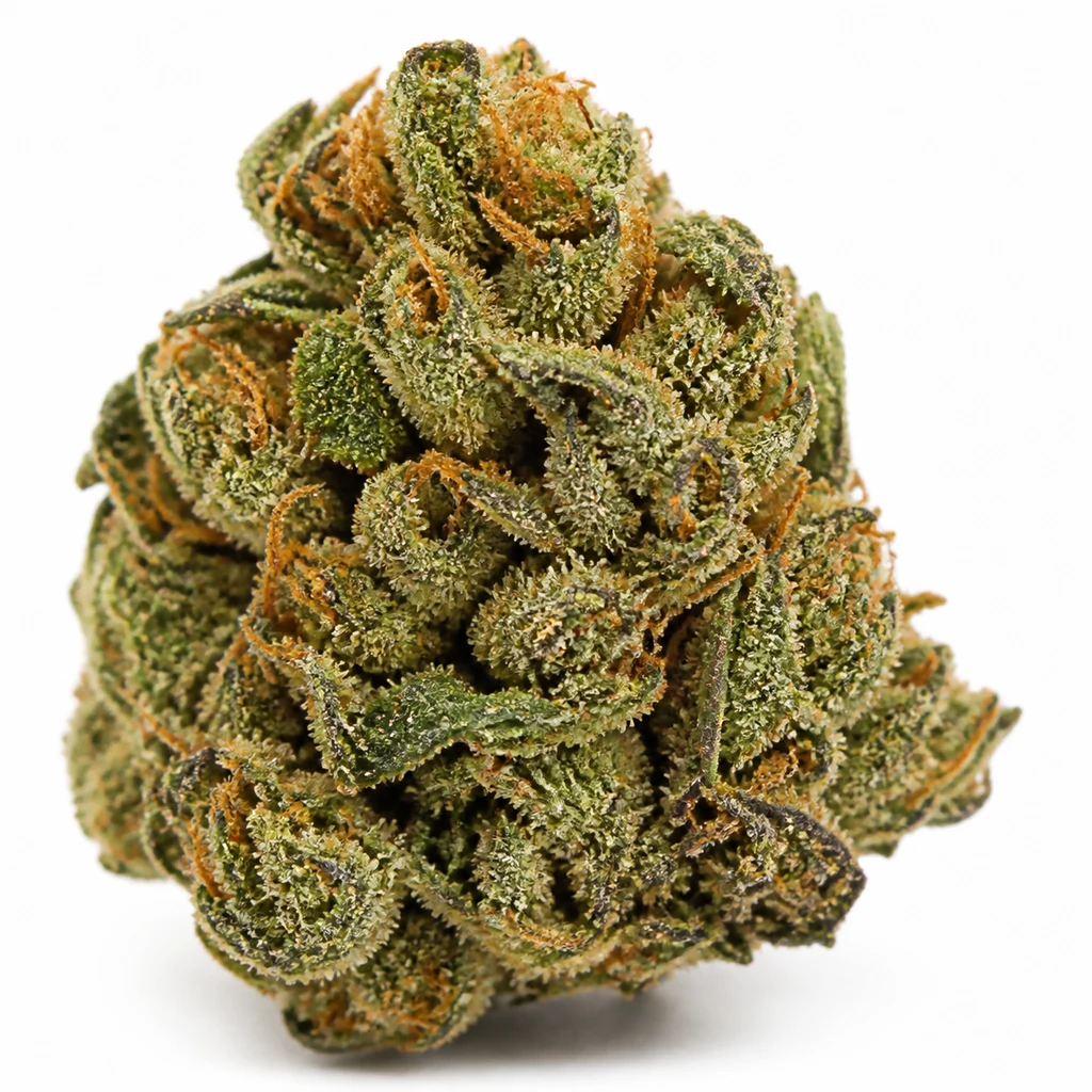 Ilustración de un cogollo verde con pistilos anaranjados y hojas oscuras para la ficha de Auto Green Crack de Seed Stockers.