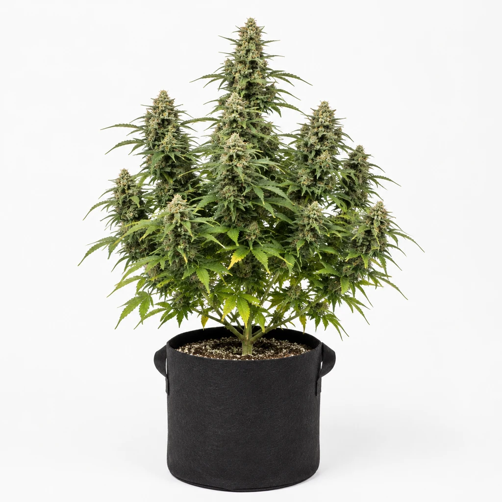 Ilustración de una planta en floración para la ficha de Auto Amnesia Flash, con copa ramificada y cogollo central alto en maceta negra con asas.