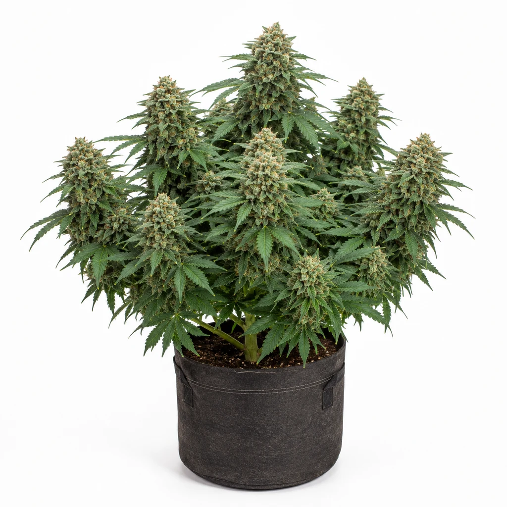 Ilustración de una planta de cannabis con abundantes cogollos y hojas verdes en maceta oscura para la ficha de Afghanica Feminizada de Anesia Seeds.