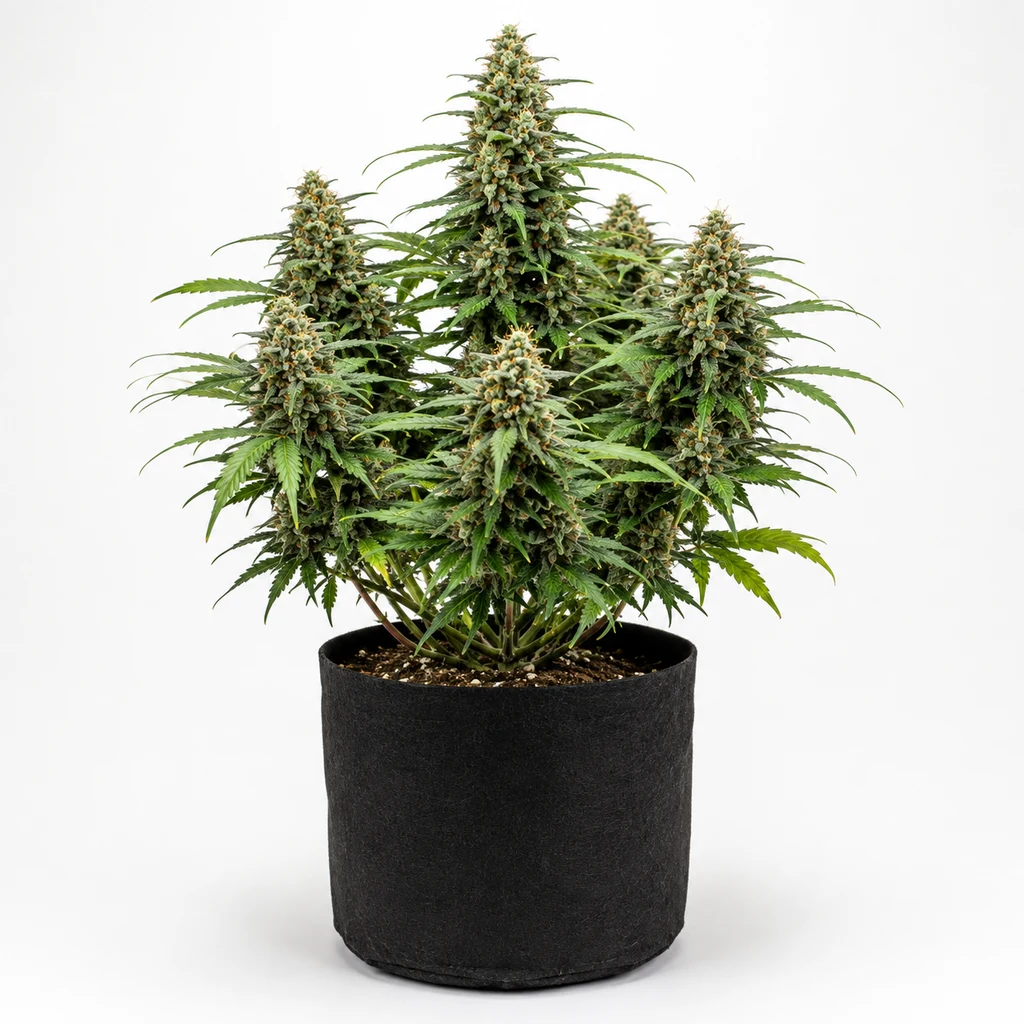 Ilustración de una planta de cannabis en maceta negra para la ficha de Auto Betty, con varias ramas floridas sobre fondo blanco.