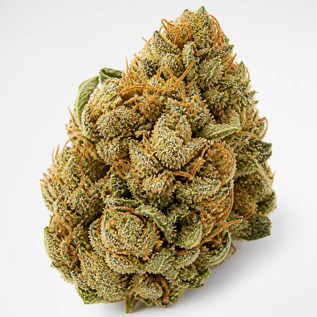 Ilustración de un cogollo verde con filamentos anaranjados y superficie blanquecina para la ficha de Auto Epic Buzz de Anesia Seeds.