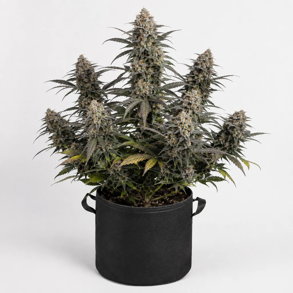 Ilustración de una planta con cogollos densos y hojas oscuras en maceta negra para la ficha de Blackberry Moonrocks Feminizada.