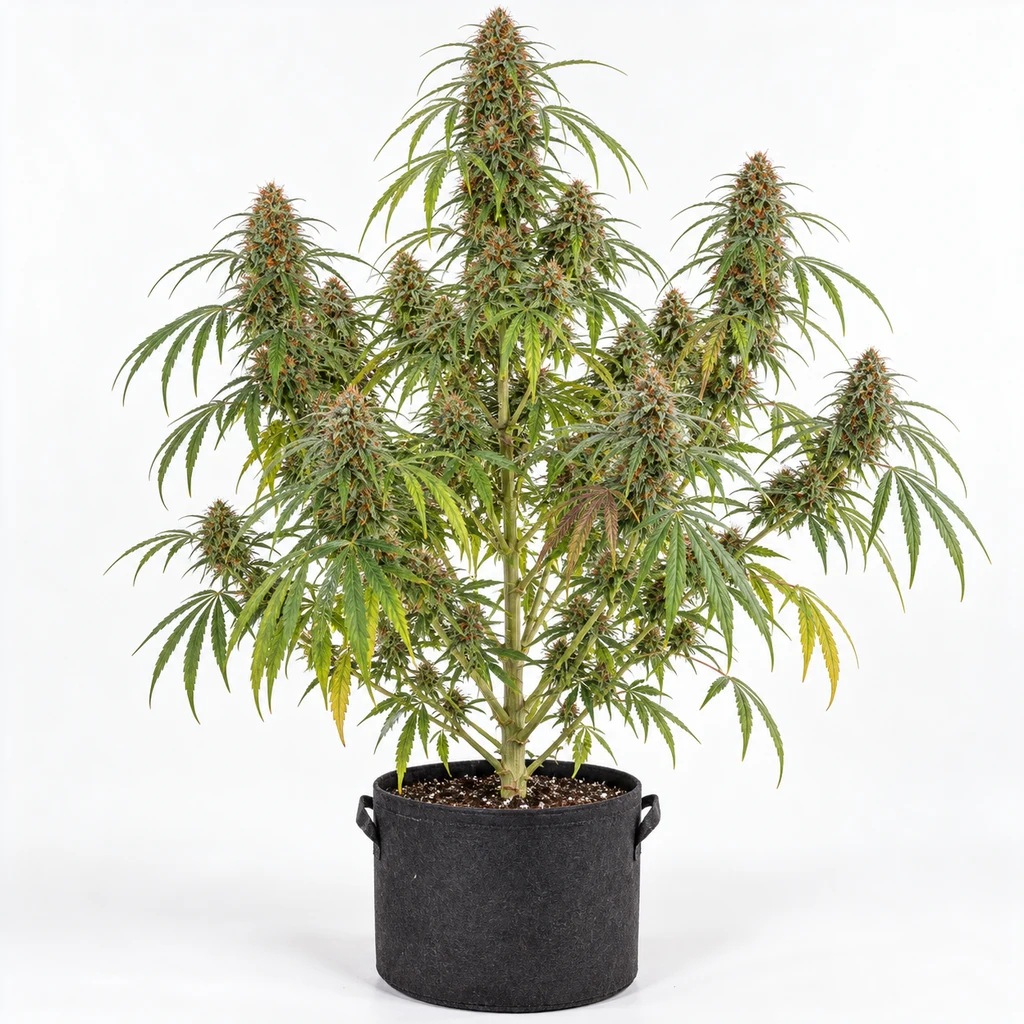 Ilustración de una planta de cannabis alta, con flores alargadas y hojas verdes y amarillas, para la ficha de Panama Red Feminizada.