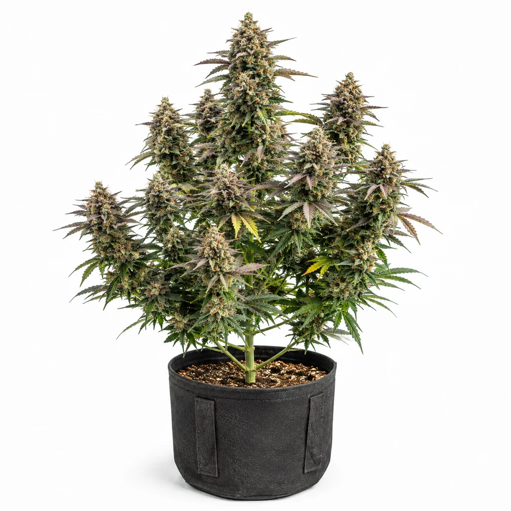 Ilustración de una planta de cannabis en floración para la ficha de Red Banana Pudding, en maceta negra sobre fondo blanco.