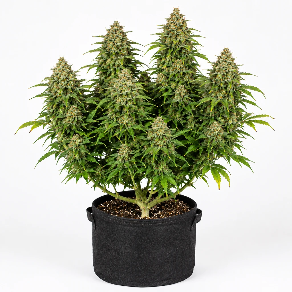 Ilustración de una planta en floración con varias colas y maceta textil negra para la ficha de Auto Zunami Peach de 00 Seeds.