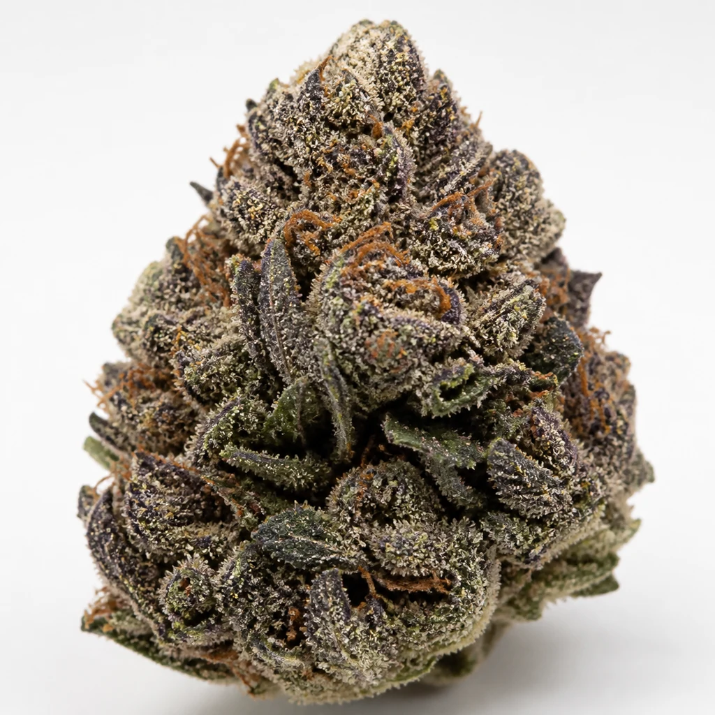 Ilustración de un cogollo morado oscuro con zonas verdes y filamentos naranjas para la ficha de Auto Grand Daddy Purple de 00 Seeds.