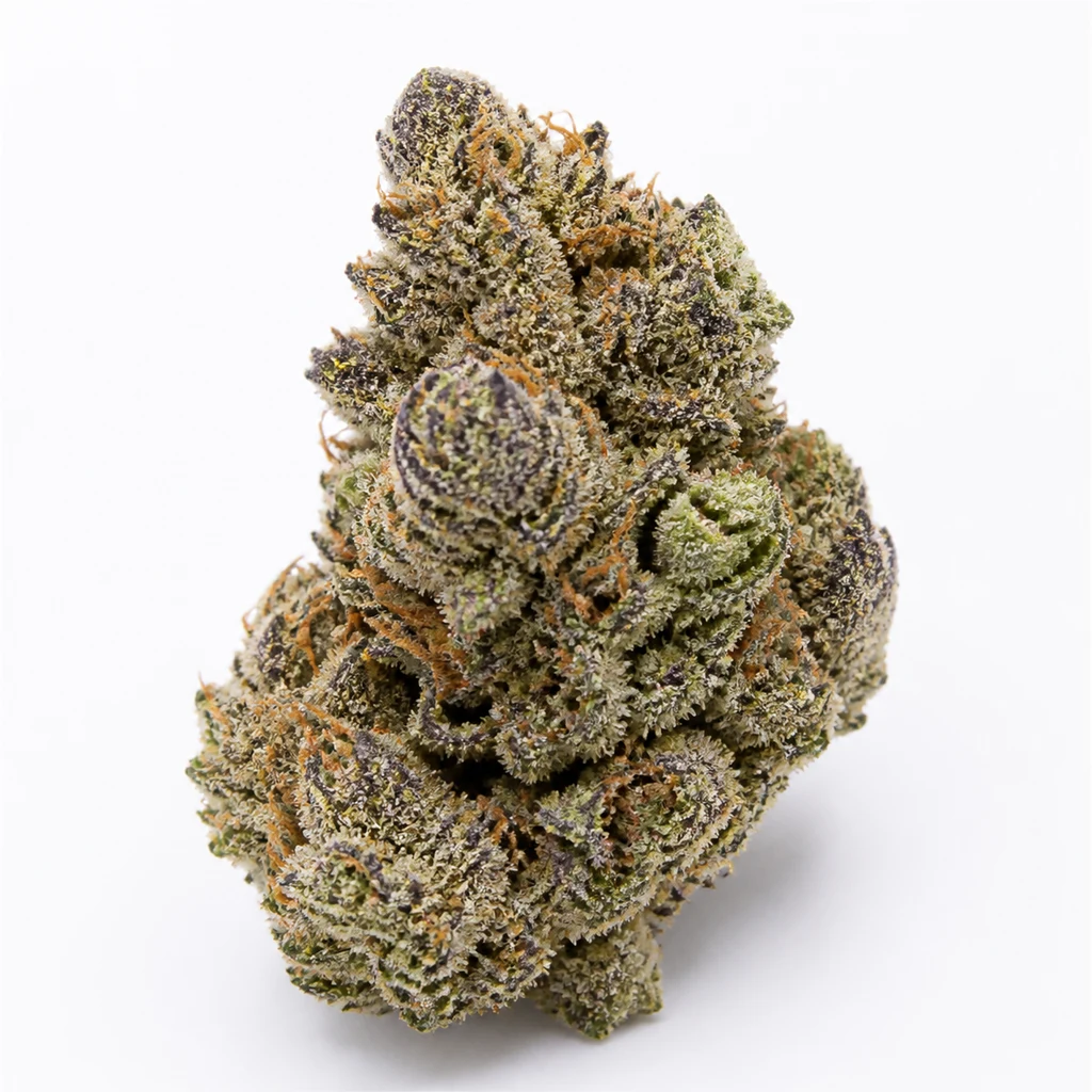 Ilustración de un cogollo con tonos verdes y morados y pistilos anaranjados para la ficha de Mendo Cherry Cookies Auto.