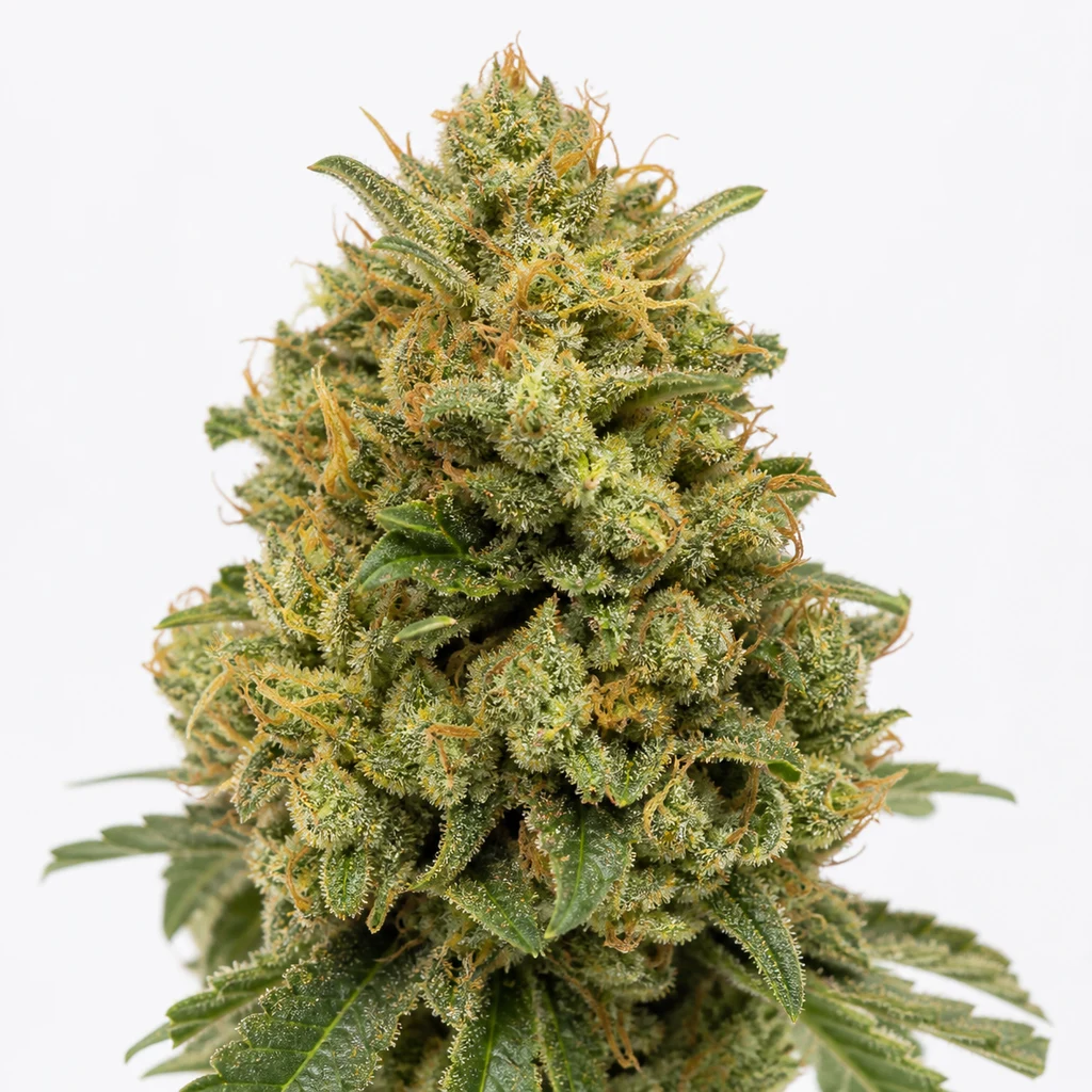 Ilustración de un cogollo alargado con hojas verdes, tricomas y filamentos anaranjados para la ficha de Big Devil XL Auto® de Sweet Seeds.