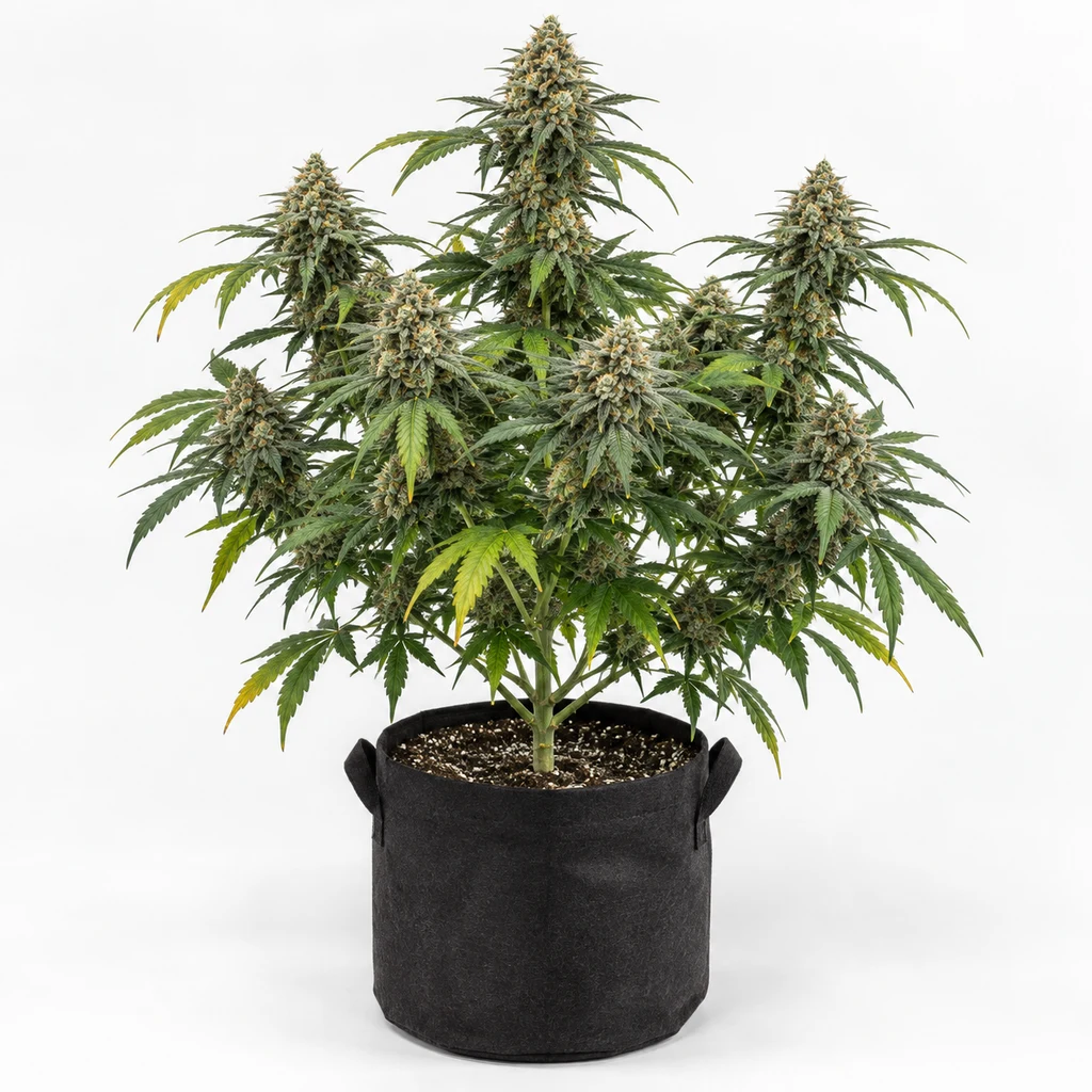 Ilustración de una planta en floración para la ficha de Super Kush, con cogollos densos y hojas verdes en maceta negra sobre fondo blanco.