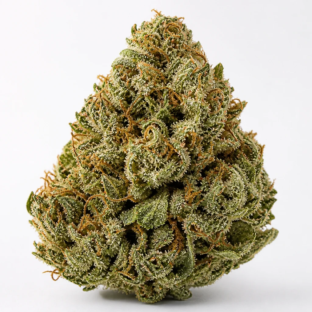 Ilustración de un cogollo cónico verde con hojas curvadas y abundantes pistilos anaranjados para la ficha de White Widow x Big Bud Feminizada.