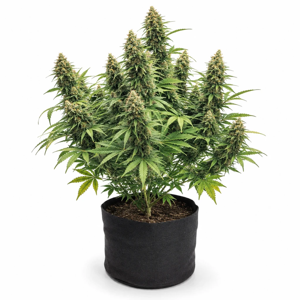Ilustración de una planta de cannabis en floración en maceta negra para la ficha de White Widow x Big Bud Feminizada.