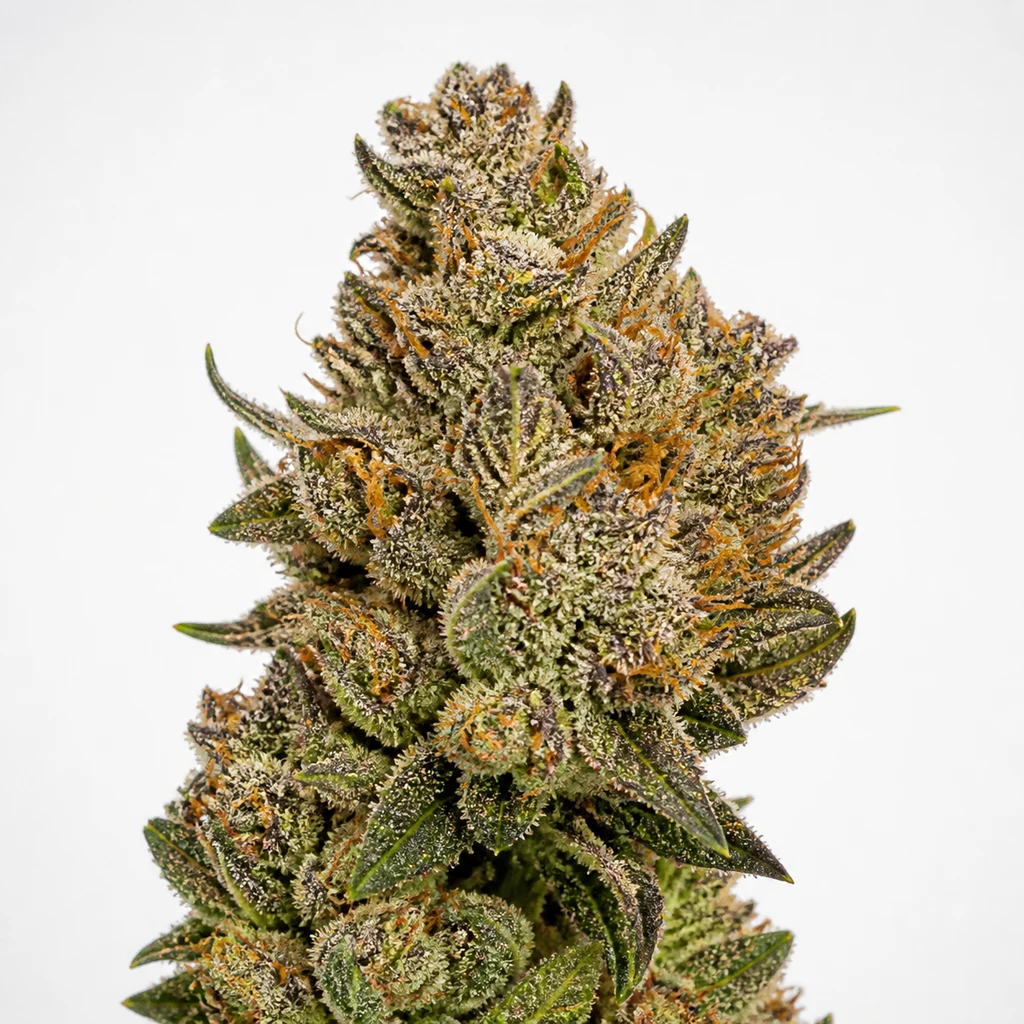 Ilustración de un cogollo con hojas oscuras y pistilos anaranjados para la ficha de Critical Kush Feminizada de Barney's Farm.