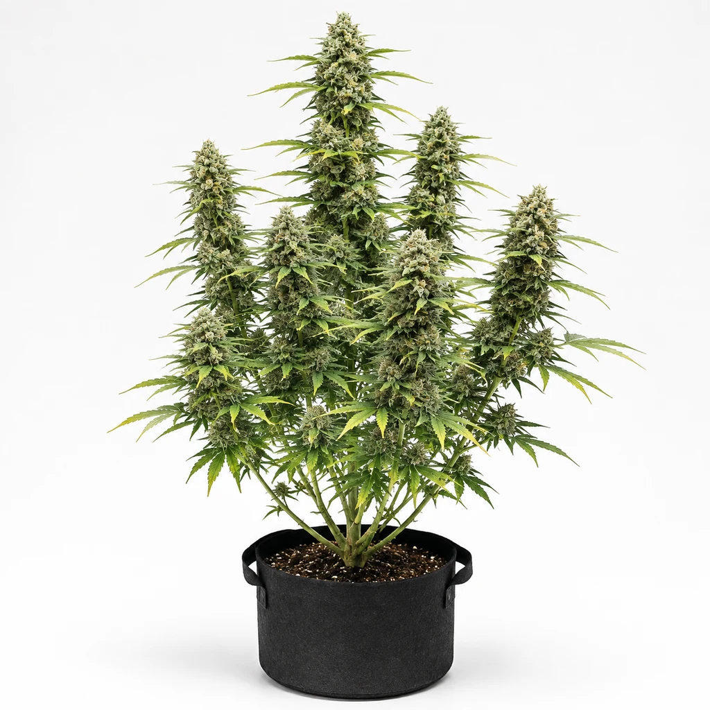 Ilustración de cannabis para la ficha de Acapulco Gold Feminizada, con largas ramas floridas y un cogollo central alto en maceta negra.