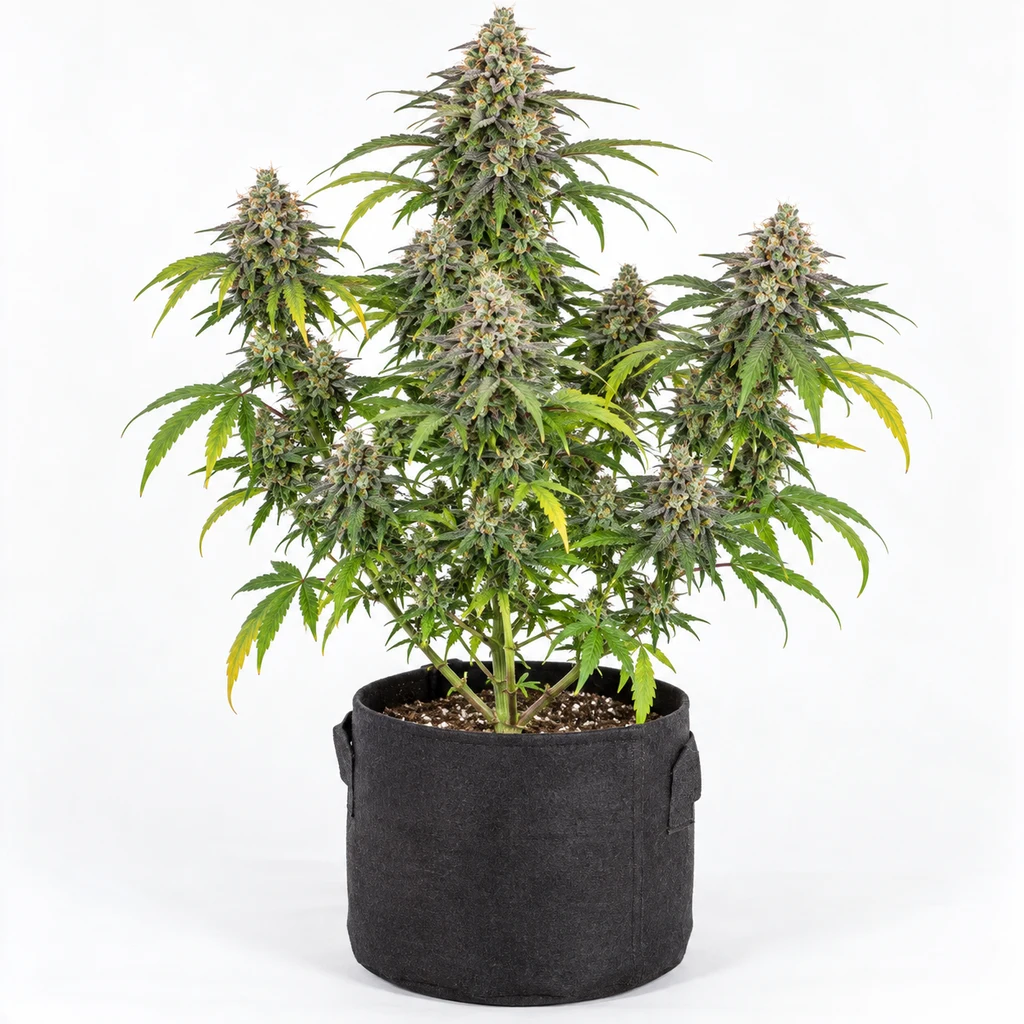 Ilustración de una planta de cannabis con flores densas en maceta negra, para la ficha de Mezcla Automática de 00 Seeds.
