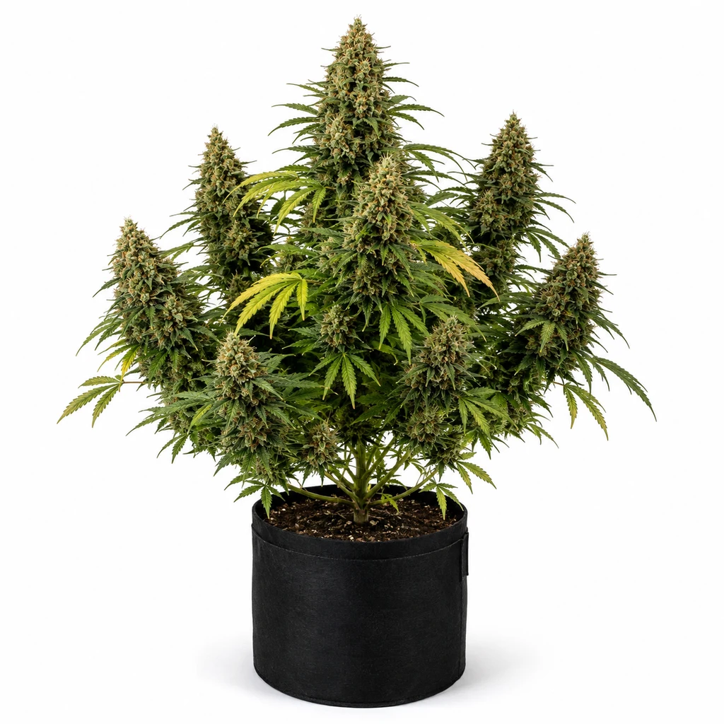 Ilustración de una planta de cannabis con cogollos y hojas verdes en maceta negra para la ficha de Chocolate Skunk Feminizada.