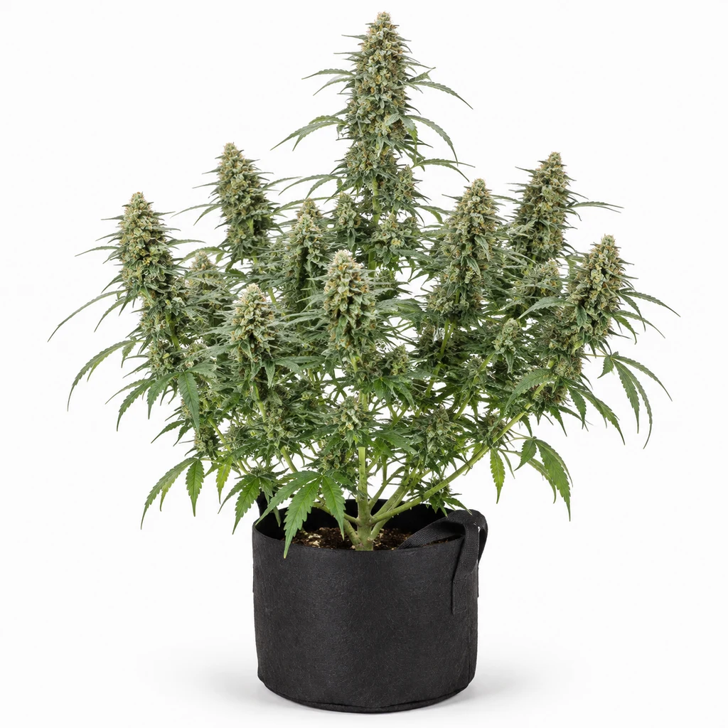 Ilustración de una planta de cannabis con abundantes cogollos en maceta negra de tela, para la ficha de TOXIC Feminizada de Ripper Seeds.