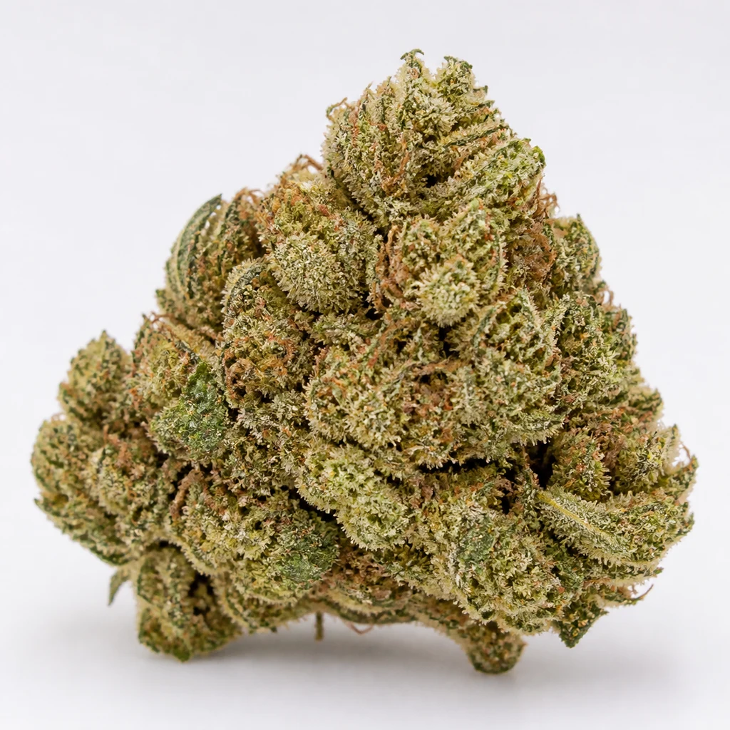 Ilustración de un cogollo compacto verde con filamentos anaranjados y superficie blanquecina para la ficha de 00 Kush Feminizada – 00 Seeds.