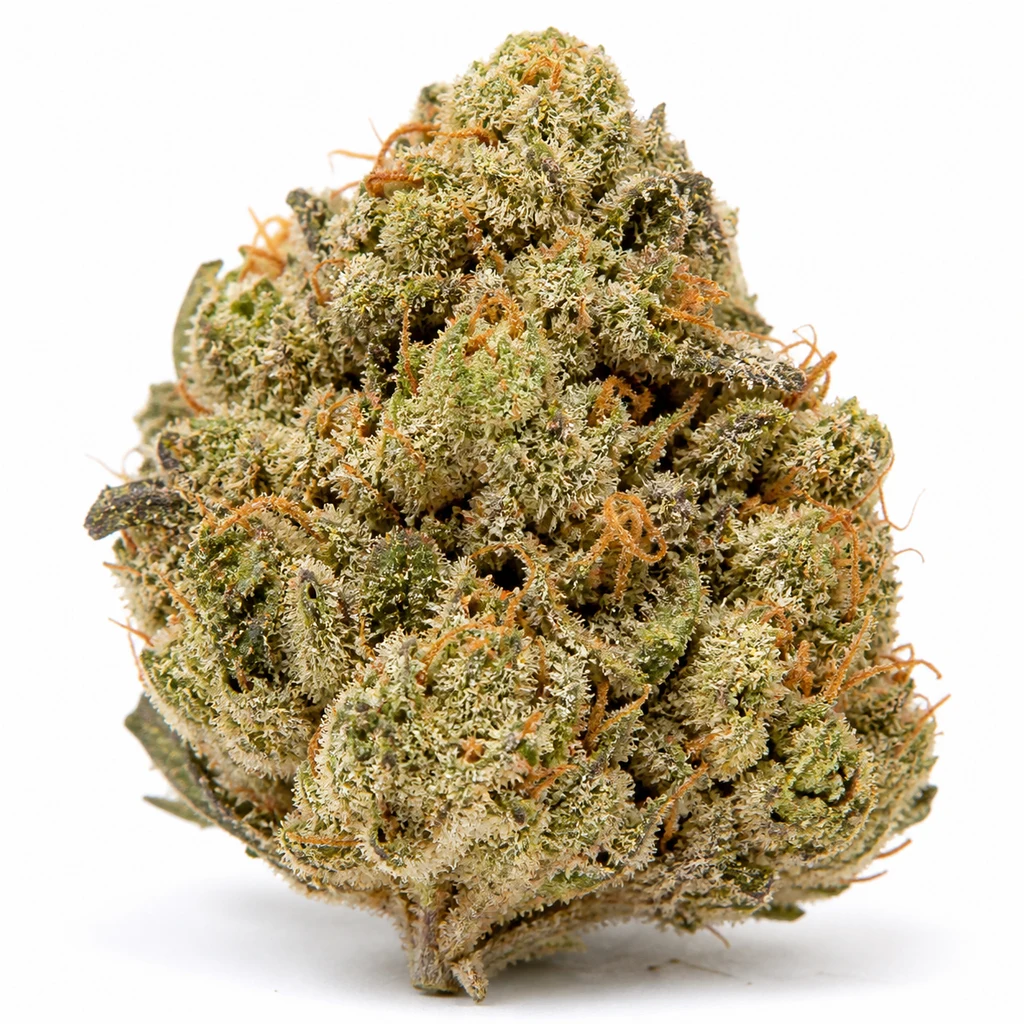 Ilustración de un cogollo para la ficha de Sweet Skunk Auto, de forma cónica, verde con filamentos naranjas y abundantes puntos blanquecinos.